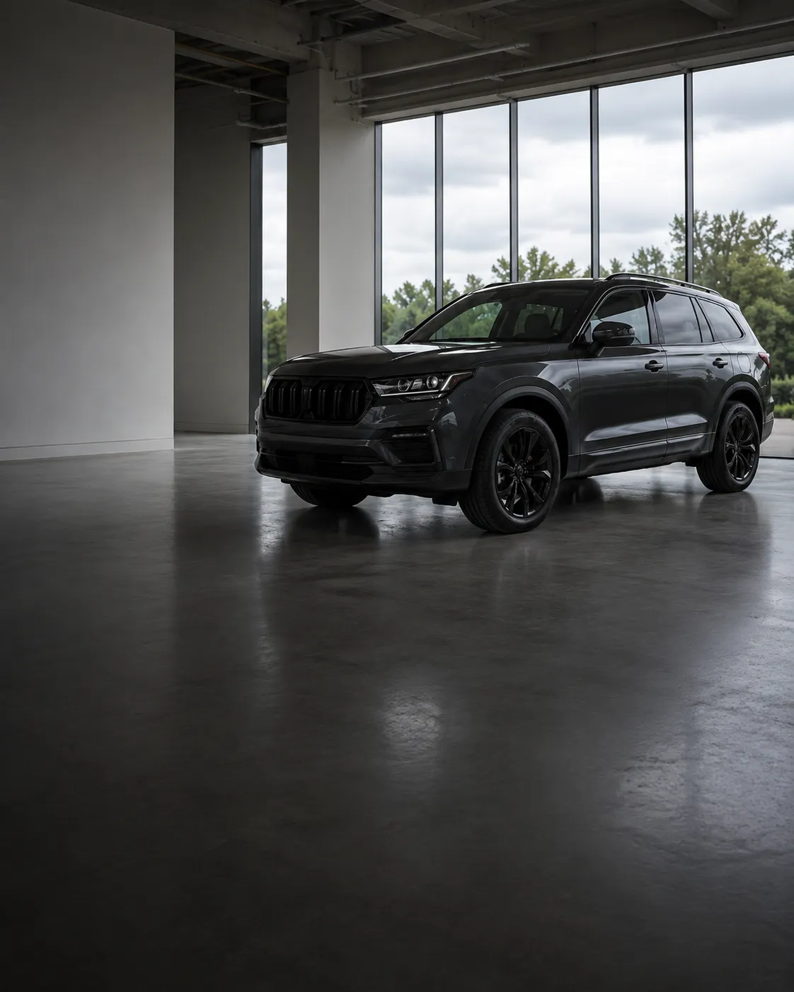 A dark grey SUV parked on polished concrete in a daylit showroom